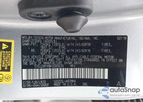 2019 Toyota Highlander Xle z USA, uszkodzony, nr VIN 5TDJZRFH9KS585639